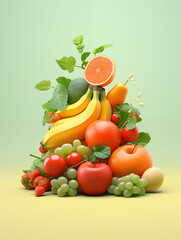 Colorful assortment of fresh fruits and vegetables: Vibrant composition of mixed fruits and vegetables on a pastel green background