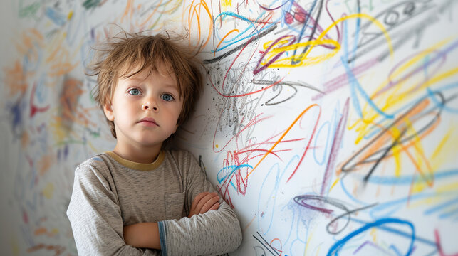 Boy with a distracted face because he drew the entire wall. Child mischief. Little boy leaning against the white wall where he made many drawings with colored pencils. Kid indoors, at home