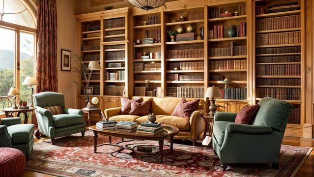本がたくさん入った本棚とソファがあるヨーロッパ風の図書室のような部屋
