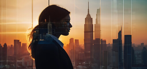 Silhouette of Businesswoman Against Cityscape, Golden Hour