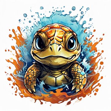 Turtle gracefully swimming in water surrounded by bubbles, showcasing its serene underwater world. For Tshirt design, posters, postcards, other merchandise with marine theme, childrens books.