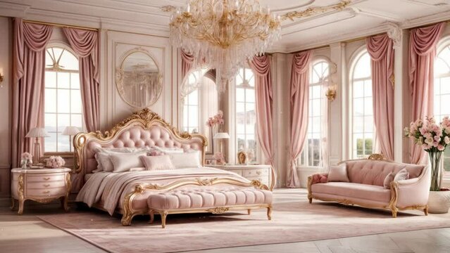 ピンクのベッドやソファやシャンデリアがあるファンタジーで豪華な寝室の背景動画