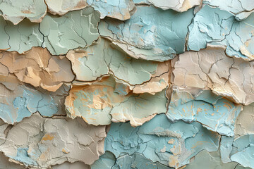 A detailed texture of cracked pastel blue and beige paint on an old wooden wall, showcasing the intricate patterns created by weathering over time. Created with Ai