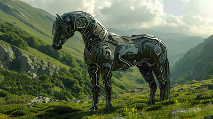 Robotic horse with unique background. horse in field. horse with grass.