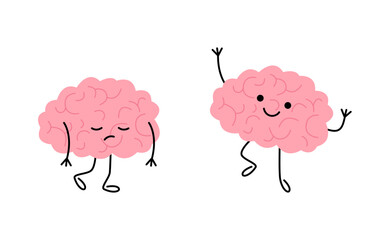 Level energy brain of person from low tired in full happy, cartoon character. Brain with low charge, lack energy and power with high energy. Strain, burnout. Vector illustration