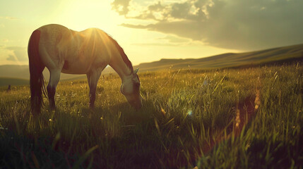 Fototapeta premium Robotic horse with unique background. horse in field. horse with grass.