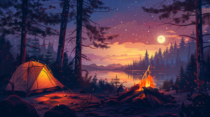 Tent on the shore of a lake with a burning fire in the night forest, illuminated by the moon