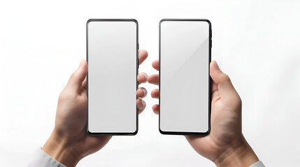 Obraz na płótnie Canvas Close-up Of Mature Couple Holding Mobile Phones With Blank Screen, Set of man's hands holding modern smartphone isolated on white background 