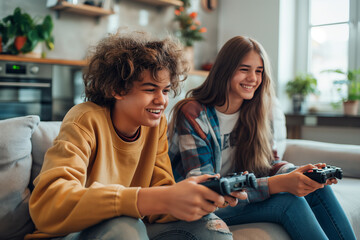Teenagers in their 20s sitting on the living room sofa and playing games with a gamepad, side view, bright and happy expression