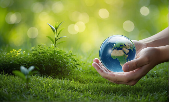 Concept Save the world save environment The world is in the grass of the green bokeh background . ai generated