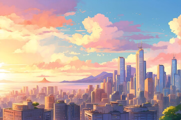 Obraz premium Sunrise Over the City - towering skyscrapers reaching into sky painted with soft clouds