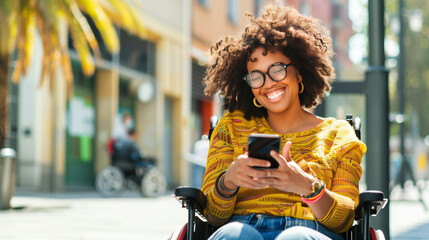 Happy disabled mixed race black woman in wheelchair smiling at smartphone. Afro american female with disability texting friends via social media. Disability & race Inclusion and diversity. Copy space