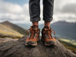feet adorned in hiking shoes of a person standing triumphantly at the summit of a mountain