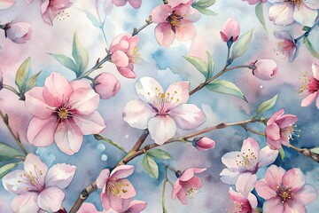 Watercolor background with cherry blossom