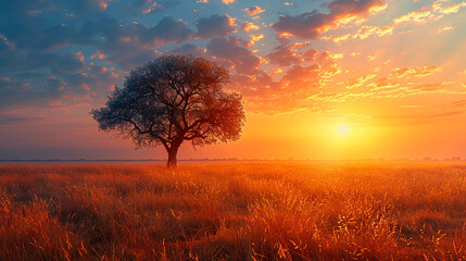 Dramatic savannah sunrise illuminating the grasslands and acacia trees