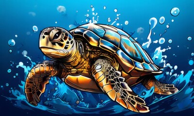 Majestic turtle glides effortlessly through clear blue waters, its shell glistening in sunlight....