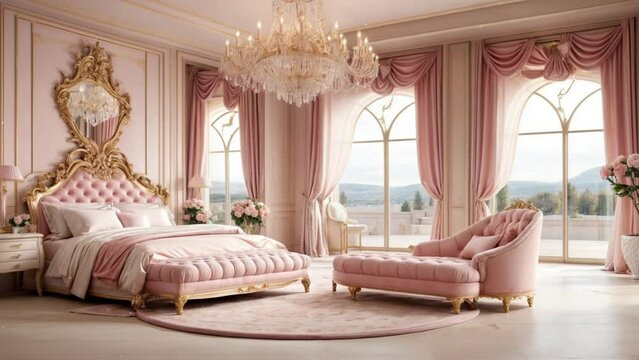 ピンクのベッドやソファやシャンデリアがあるファンタジーで豪華な寝室の背景動画