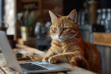A cat working sitting on a table next to a laptop in an office setting