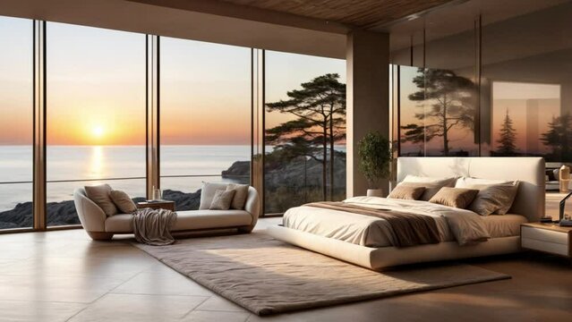 ベッドとソファと植物の海が見える寝室の風景動画