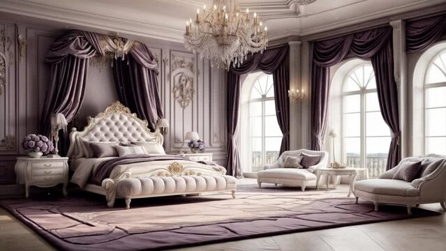 紫のベッドやソファやシャンデリアがあるファンタジーで豪華な寝室の背景動画