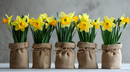 Daffodil flowers in flower bags, easter theme