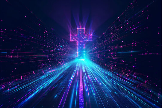 Glowing neon cross in data stream tunnel. Futuristic virtual reality concept of faith and spirituality. Religious symbolism with modern digital aesthetic