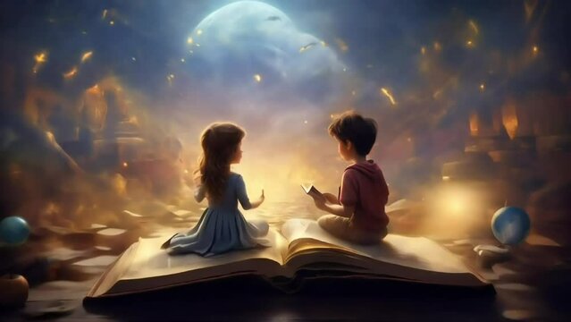 2 small children ride a magic book that can fly and speed through the sky. Suitable for world book day videos etc.