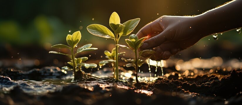 close up hands holding water and watering young tree to growing up in sunset
