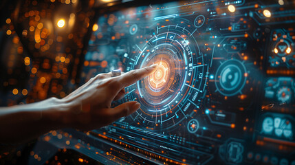 Cyber security and data protection concept. Businessman hand pressing button on virtual screen.