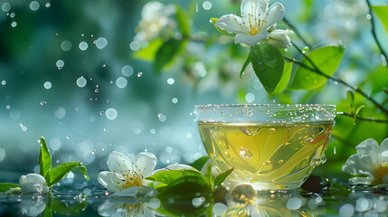 Jasmine tea in a glass cup with jasmine flowers on a green background