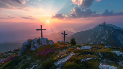 Crosses on the top of the mountain sunrise on cloudy sky background