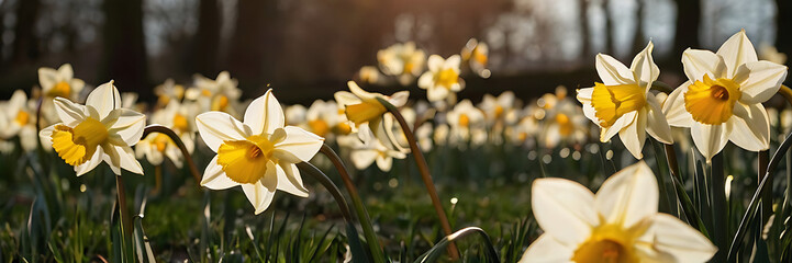 Golden Daffodils in Bloom, Low View, Panoramic