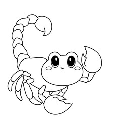 Cute scorpion. Cute animals. Coloring book, black and white vector illustration.