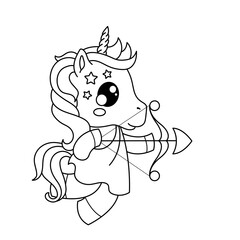 Cute unicorn with bow and arrow. Cute animals. Coloring book, black and white vector illustration.