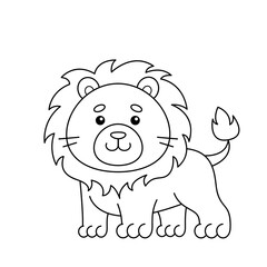 Cute lion. Cute animals. Coloring book, black and white vector illustration.