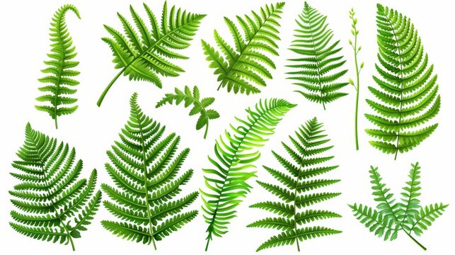 Plant elements, tropical leaves in realistic style. Bracken twigs, exotic foliage, greenery, branches, fronds for decoration. Isolated drawn modern illustrations.