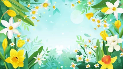 Rolgordijnen Design of a floral framed card in spring with blossoming trees and blooming plants. Natural poster background with delicate daffodils, mimosas, tulips, leaves and branches. Flat modern illustration. © Mark