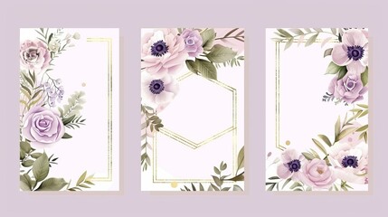 A modern template set with a cute golden geometrical pattern, a lavender pink garden rose anemone, wax flowers and eucalyptus branches. - obrazy, fototapety, plakaty