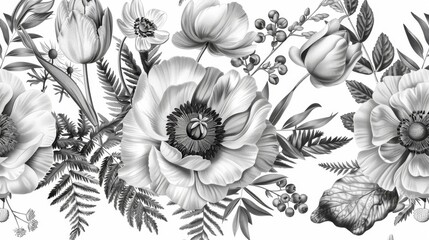 Flower pattern of spring bouquets. Black and white modern illustration. Vintage background. Engraving. Peonies, ferns, tulips, anemones, eucalyptus seeds. - obrazy, fototapety, plakaty