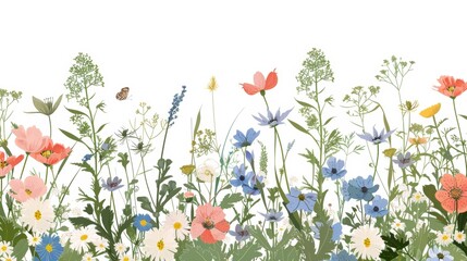 Decorative floral border, horizontal botanical decoration, panorama of spring fields and meadows, fragile delicate banner, wildflowers. Modern illustration isolated on white.