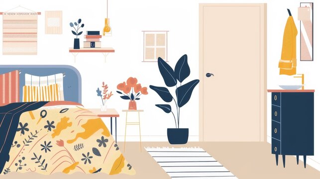 A modern home bedroom design with a bed, closet, house plants, vases of flowers in a vase, carpet and a door to the bathroom. Trendy furniture and cozy decor. Flat modern illustration isolated on