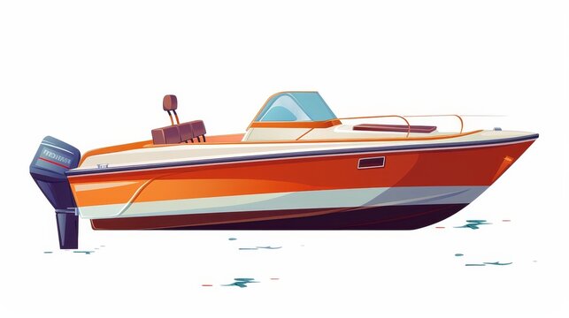 Transport by motor boat. Small motorboat, plastic lifeboat. Sea and river vessel with seats, engine. Powerboat vehicle. Flat modern illustration isolated on white.