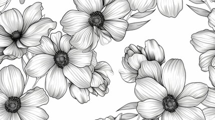 Flower seamless pattern, line drawing, pencil drawing. Black and white floral pattern with flowers. Line art illustration. Floral pattern for invitations, wallpaper, printed gifts.