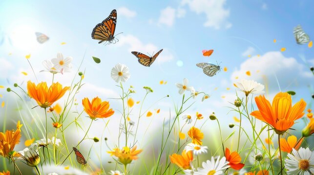 Flower and butterfly modern illustration, springtime