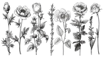 A set of vintage flowers illustrated in black and white in the style of engraving.