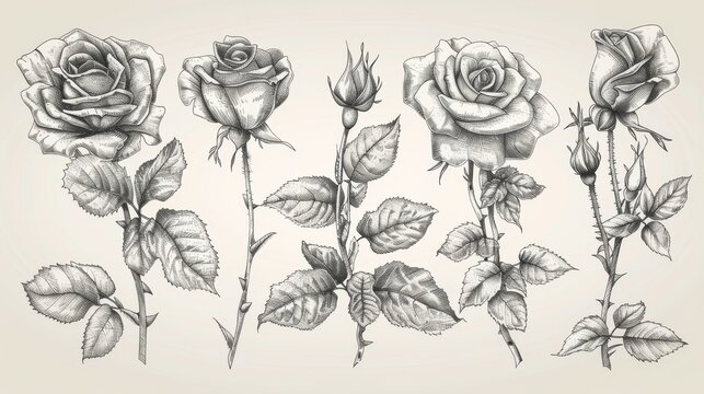 A hand drawn flower set with highly detailed roses.
