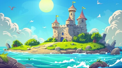 Animated cartoon illustration of a seaside castle on a green island, with tall towers, the sea waves washing over the coast with bushes and grass, a sun shining, and birds soaring through the sky.