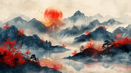 Template for abstract art with geometric pattern on Japanese background. Japanese background with watercolor texture modern. Oriental style mountain landscape banners in blue and black.
