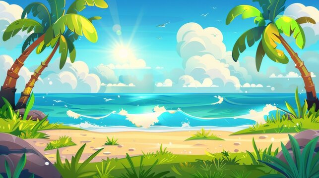 Sea beach landscape with palm trees, waves on water surface, sun shining in blue sky, green grass and sand, modern cartoon illustration of summer island landscape, seascape view from summer island.