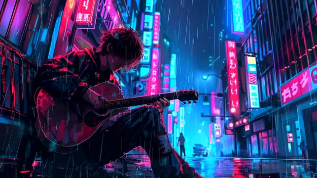 A Street Musician Under the Neon Glow of the City. Fantasy landscape anime or cartoon style, looping 4k video animation background